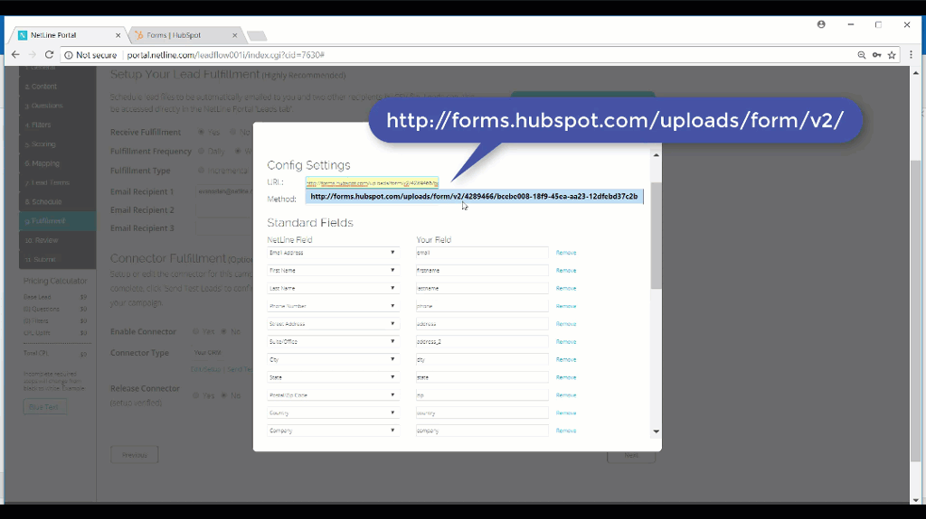Hubspot Connector to NetLine Portal - API, Portal Key, GUID