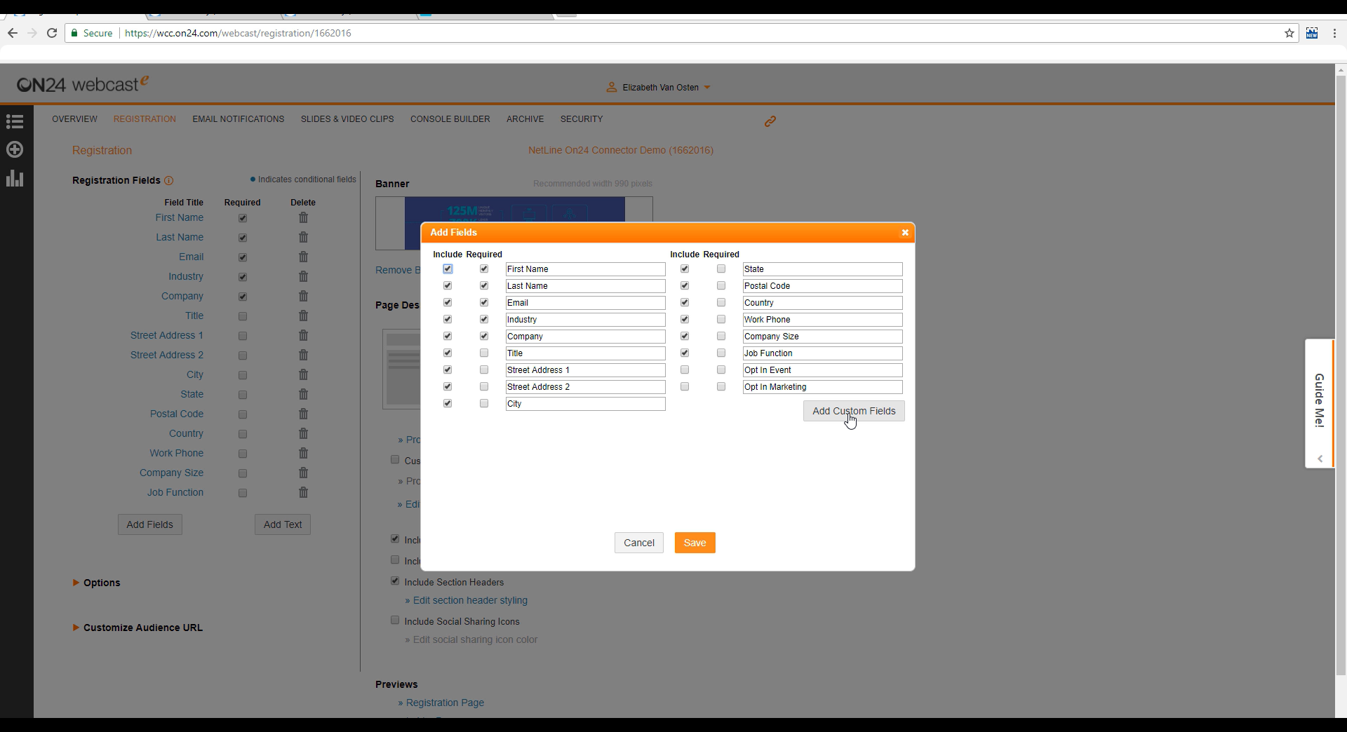 On24 NetLine connector custom fields setup