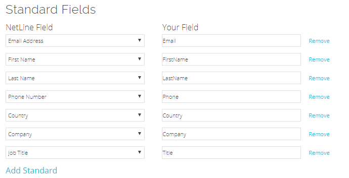 Standard fields for Marketo connector setup module NetLine Portal