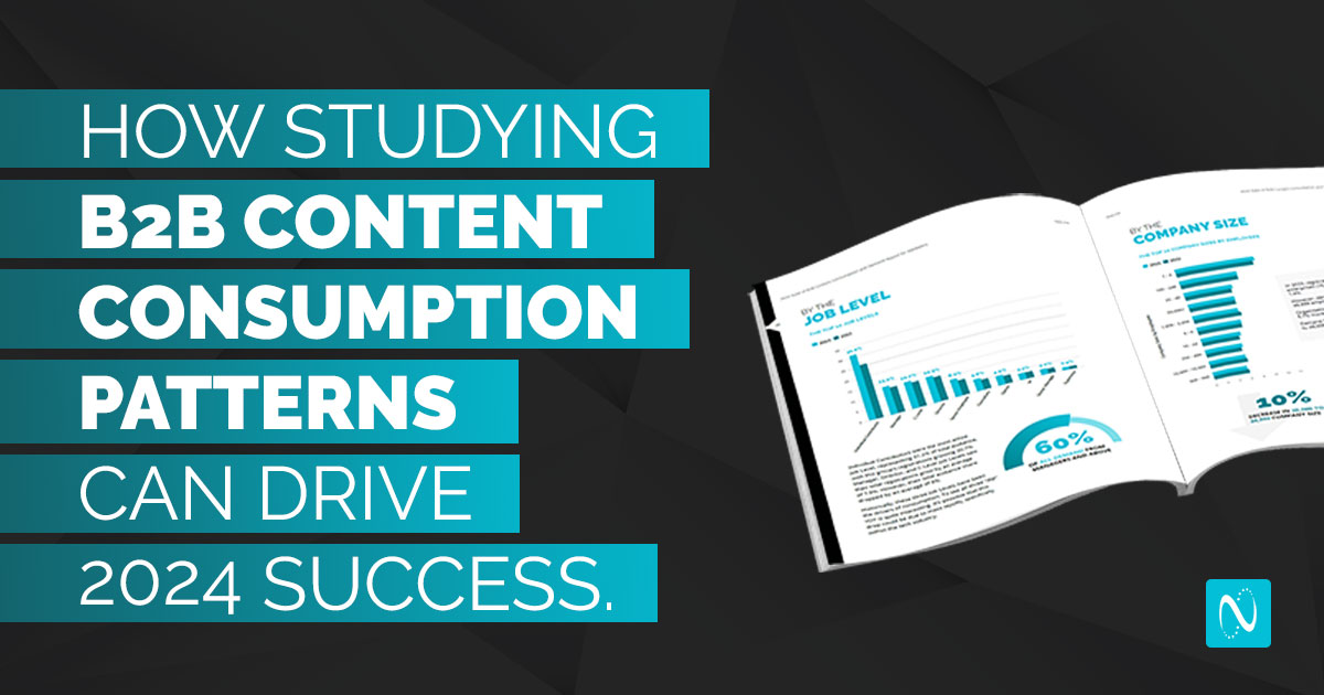 Promotional graphic for NetLine's study on B2B content consumption patterns. The title reads 'How Studying B2B Content Consumption Patterns Can Drive 2024 Success' in white text on a blue background. On the right, there is an open report showing graphs and data on job levels and company size in blue and white.