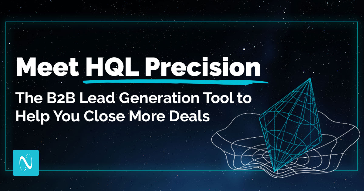 Graphic with the headline “Meet HQL Precision – The B2B Lead Generation Tool to Help You Close More Deals” on a starry dark background with a glowing geometric wireframe shape and NetLine logo.